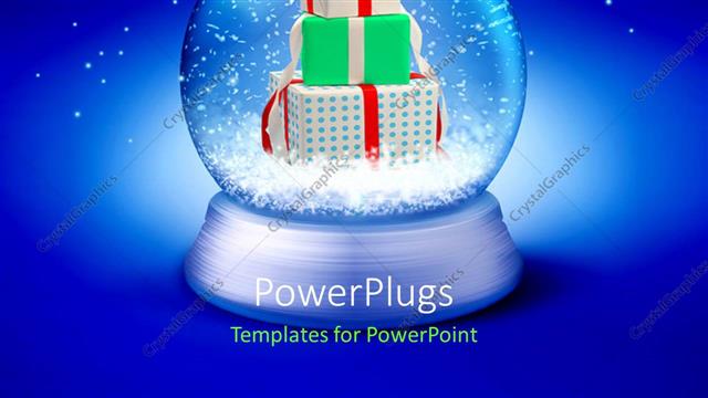  Presentation with gift - Pile of gift boxes in transparent sphere over blue background?
