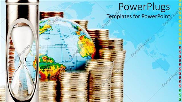  Presentation with time money - Pile of gold coin around globe with hour glass on blue surface