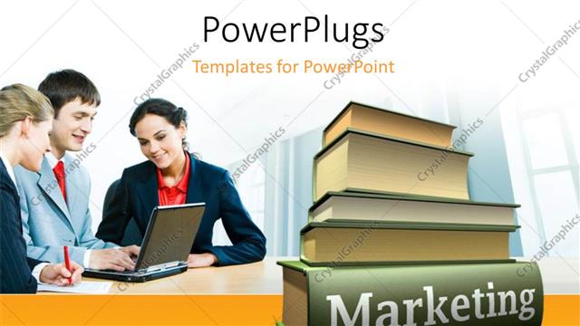  Presentation with laptop - Pile of marketing books with three marketers working on laptop