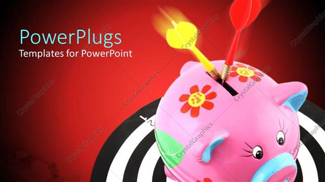  Presentation with piggy bank - A pink colored piggy bank with two red and yellow darts in it