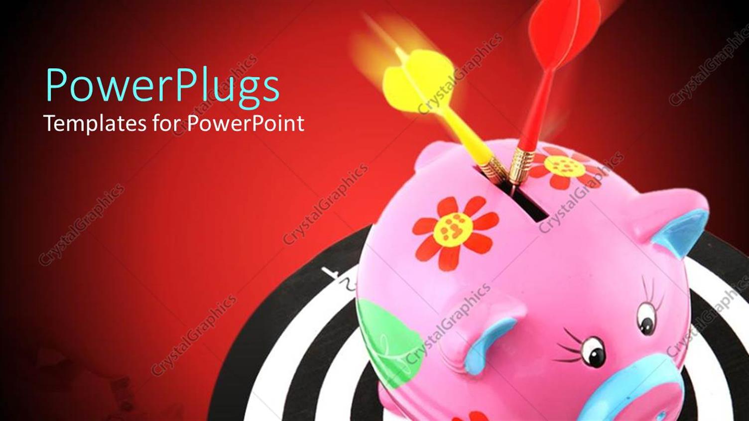 Featuring a Pink ColoRed Piggy Bank with Two Red and Yellow Darts in it