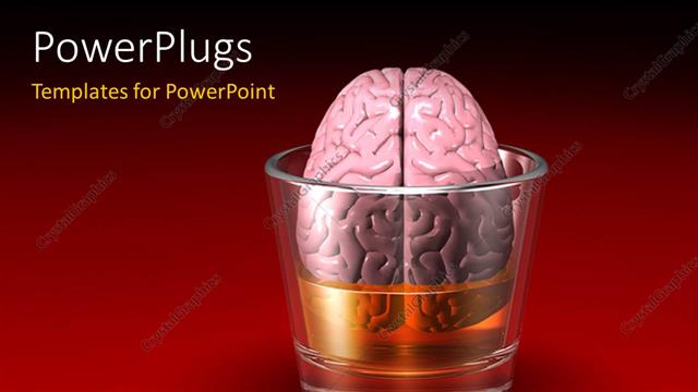  Presentation with medical brain - Pink human brain floating in a glass filled with liquid over red background