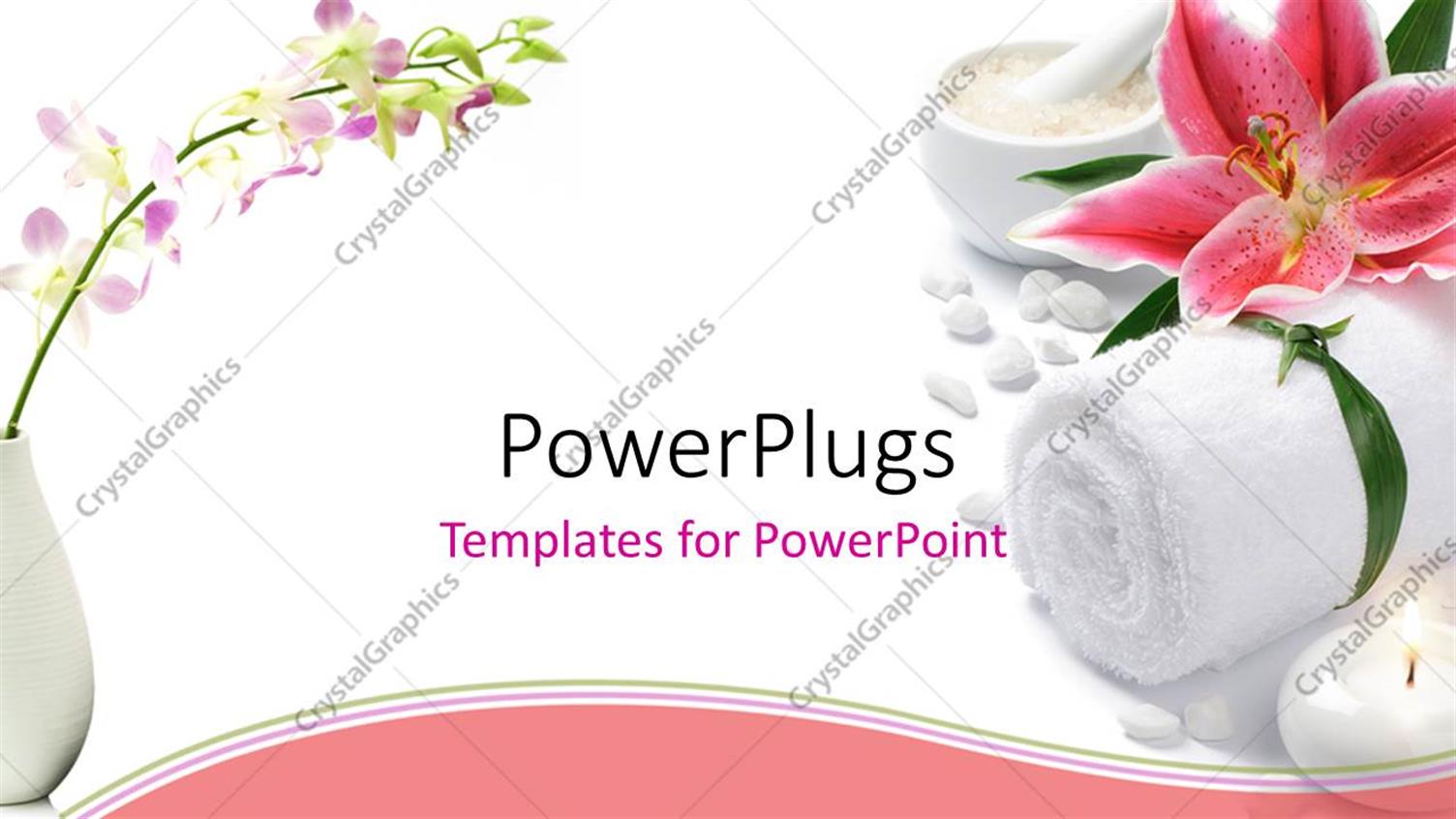 Featuring Pink Lily with Towel, Tea Light Candle, and Dish of Bath Salt on White Background