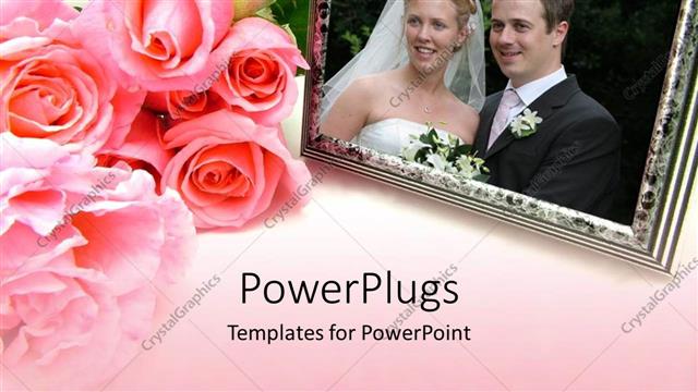  Presentation with frame pink - Pink rose bouquet next to wedding photo in silver frame