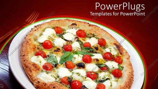  Presentation with mozzarella cheese - Pizza with tomatoes, cheese, mozzarella, basil leaves on white plate on wooden table