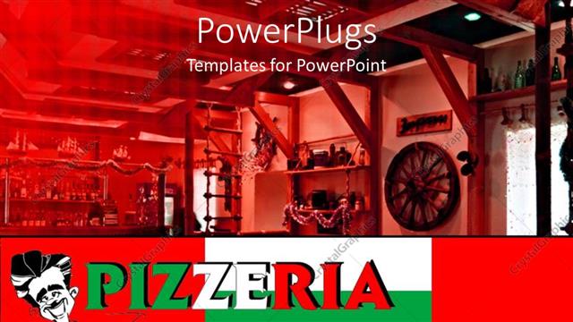  Presentation with corner - Pizzeria word written in Italy's colors on geometric shapes with red, white and green and depiction of italian restaurant and pizzeria interior