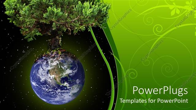  Presentation with growing tree - Planet Earth with growing large tree on top of globe on starry sky and abstract floral background green and black