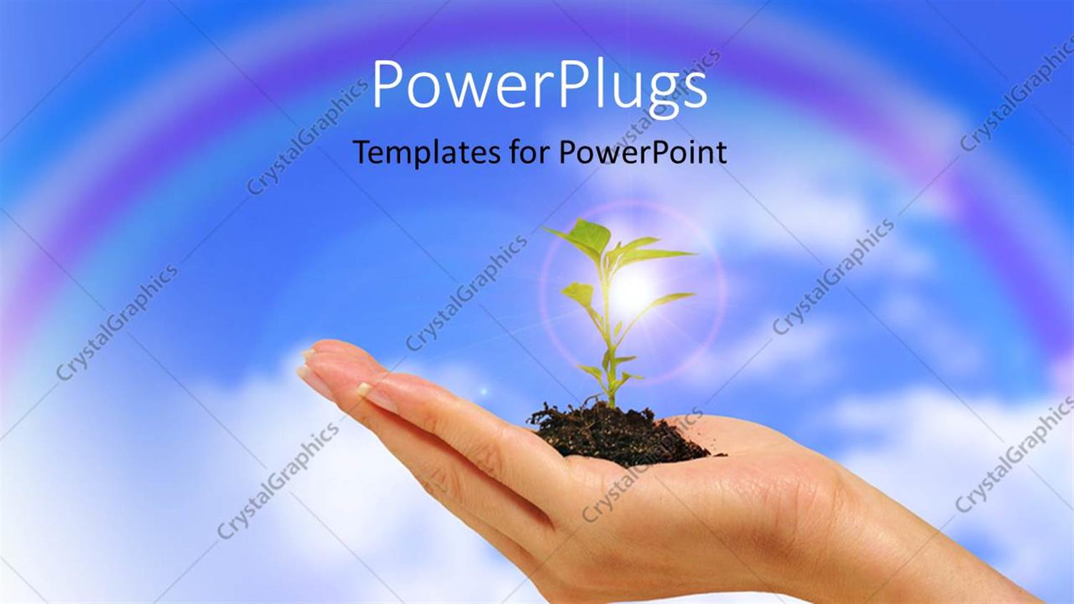 Featuring Plant Sprouting from Earth in Human Hand Over Cloudy Sky