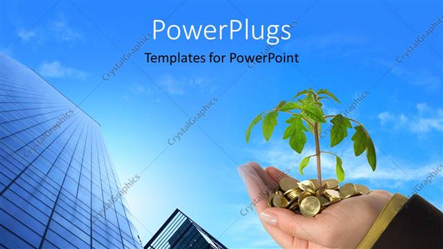  Presentation with sprouting plant - Plant sprouting from gold coins in mans hand over cloudy sky