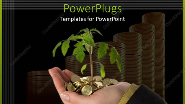  Presentation with sprouting plant - Plant sprouting out from golden coins in hand with coin stacks in background