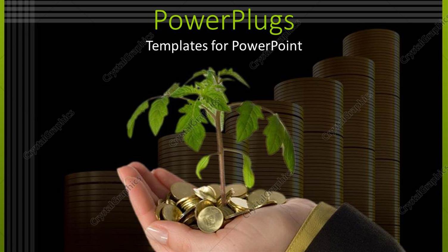 Featuring Plant SprOuting Out from Golden Coins in Hand with Coin Stacks in Background