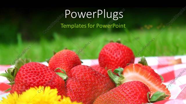  Presentation with picnic - A plate of freshly cut red strawberries with a yellow flower