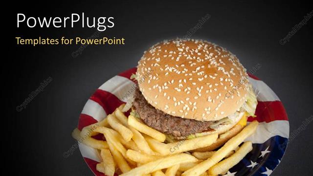  Presentation with burger - A plate made of USA?flag color with burger and chips