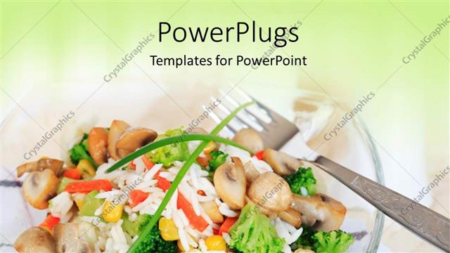  Presentation with green plate - A plate with vegetables in it and a silver fork