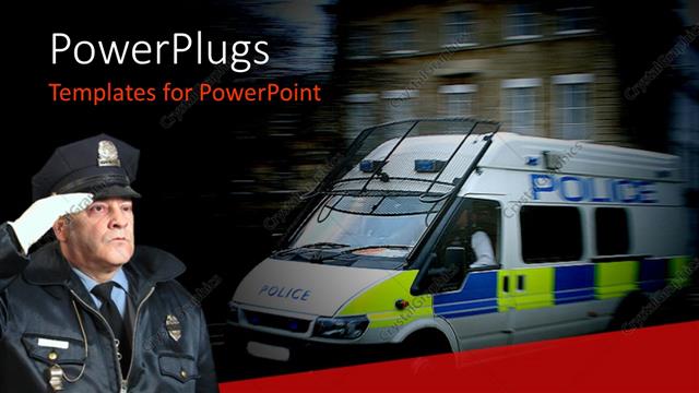  Presentation with american police - Policeman saluting with van panned in the background