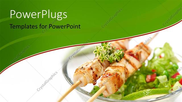  Presentation with grilled chicken - Dish of salad, slice of lemon and grilled meat