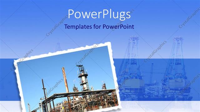  Presentation with postage - Postage stamp with the picture of a refinery on a blue background