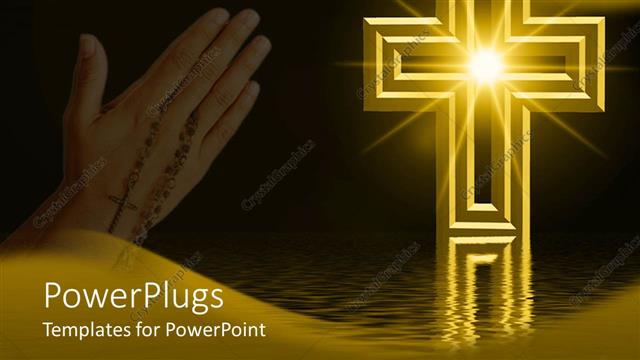  Presentation with praying hands rosary - Praying hands with rosary next to gold cross reflected on water with star in center