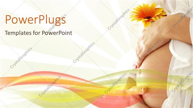  Presentation with flower woman - Pregnant woman belly holding her hands around her belly and a yellow flower in her hand on white background with sun and rays