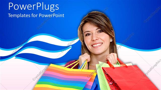 Presentation with shopping - Pretty adult smiling female holding multi color shopping bags