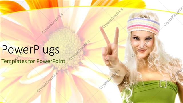  Presentation with peace - A pretty blond lady with a big yellow flower behind