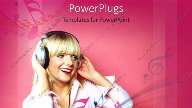  Presentation with music headphones - A pretty blond lady wearing headphones on a pink background