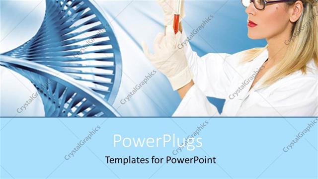  Presentation with medical dna - Pretty female blond scientist holding a test tube and a DNA strand