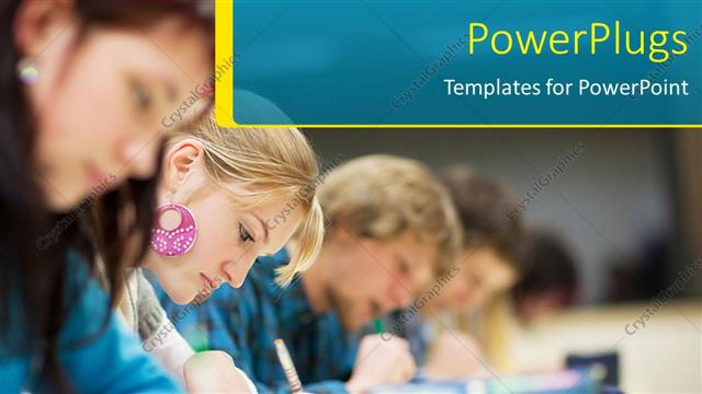  Presentation with exam - Pretty female college student sitting an exam in a classroom full of students