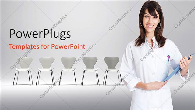  Presentation with chairs - Pretty female doctor in white robe with lots of chairs