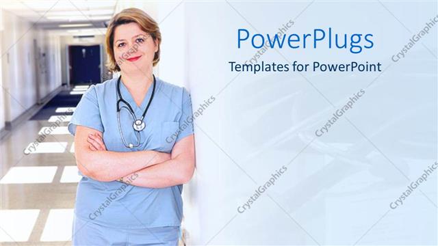  Presentation with female - Pretty female nurse with a stethoscope in blue scrubs