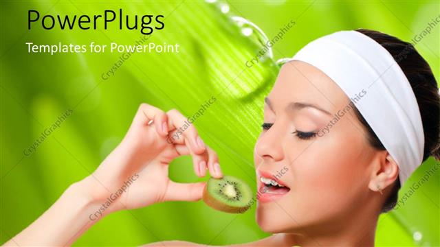  Presentation with green life - A pretty lady eating slices of different fruits on a green background