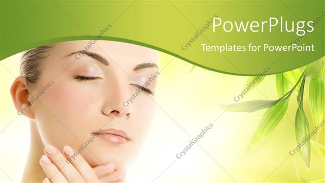  Presentation with closed - A pretty lady with her eyes closed and some green leaves