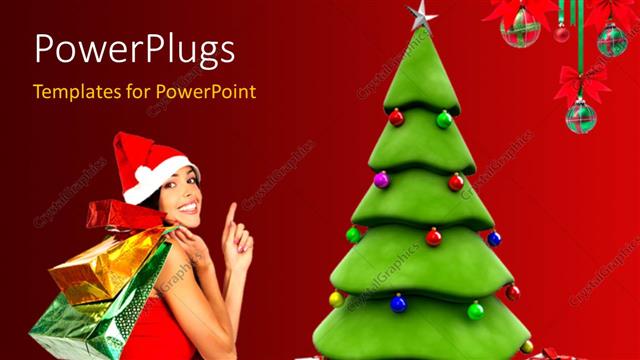  Presentation with gifts - A pretty lady with gifts bag and a christmas tree