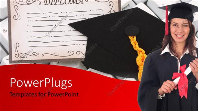  Presentation with certificate - A pretty lady in graduation dress with a Diploma certificate