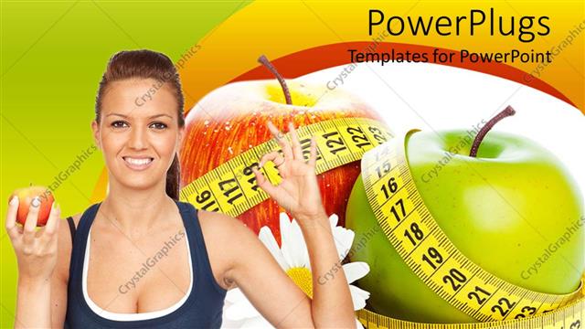  Presentation with diet - A pretty lady holding an apple with two apples behind