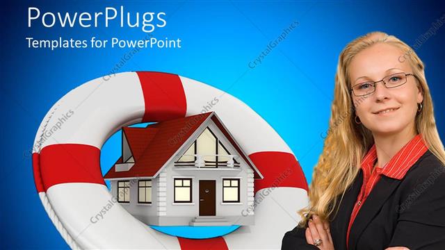  Presentation with insurance - Pretty lady smiling with a buoy over a house
