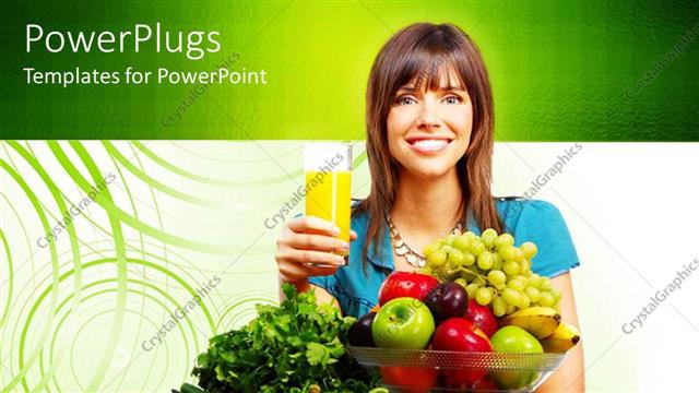  Presentation with juice - Pretty lady smiling and holding a glass of juice with lots of fruits on front of her