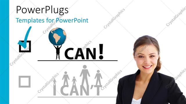  Presentation with text box - A pretty smiling business lady standing with a tick box and some text