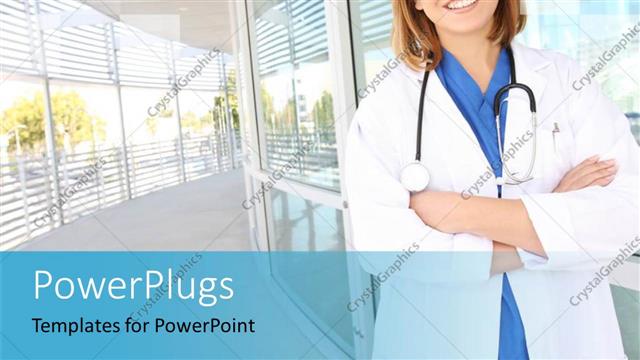  Presentation with female - A pretty smiling female doctor standing in a hospital hallway