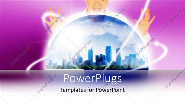  Presentation with future - A pretty smiling lady with her hands open over a globe