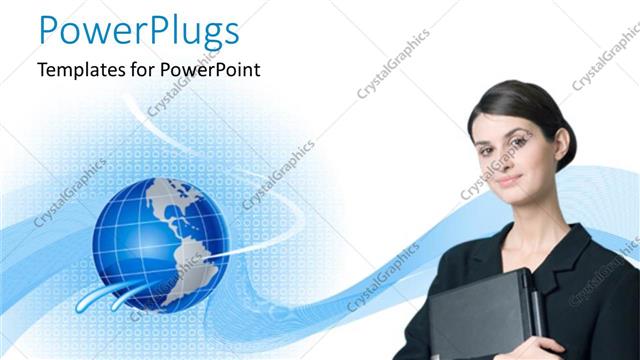  Presentation with business laptop globe - A pretty smiling lady holding a laptop with a globe beside her