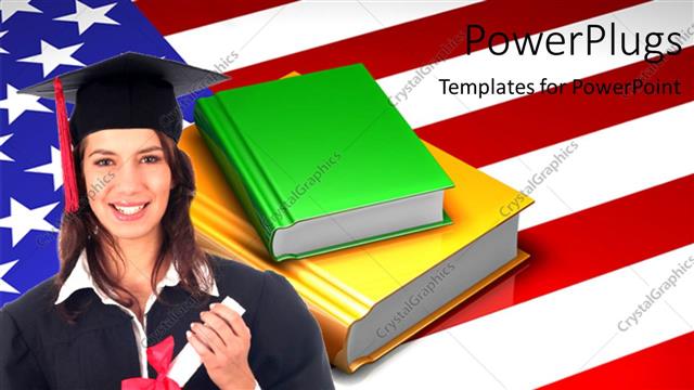  Presentation with usa flag - A pretty smiling lady wearing an graduation gown with the USA flag behind her