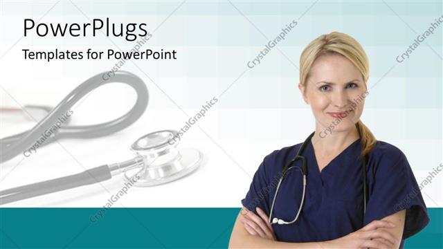  Presentation with surgical - A pretty smiling lay wearing a stethoscope and surgical gown