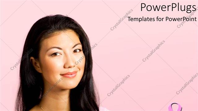 Presentation with breast cancer - Pretty woman smiling on a pink background with breast cancer symbol