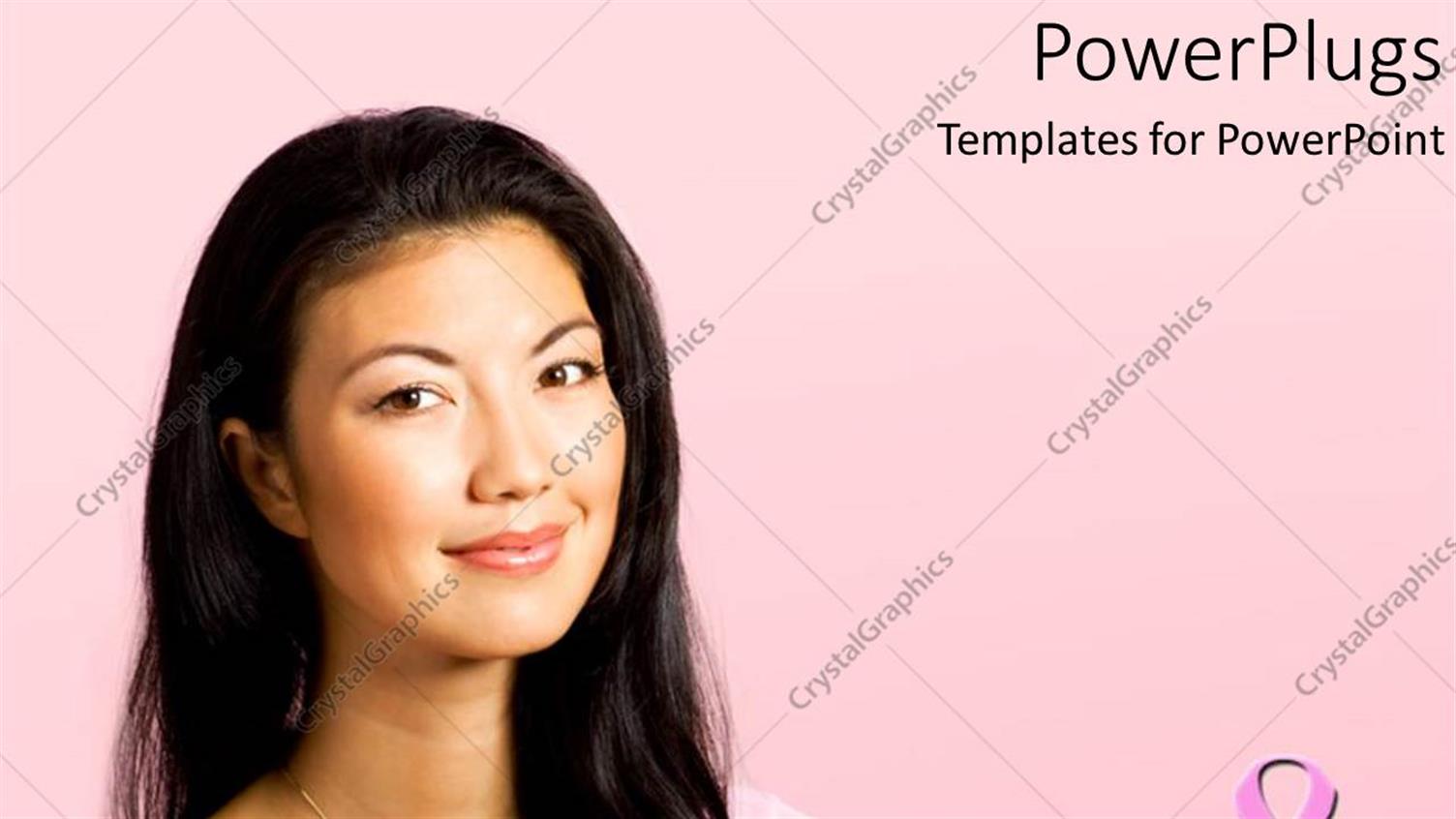 Featuring Pretty Woman Smiling on a Pink Background with Breast Cancer Symbol
