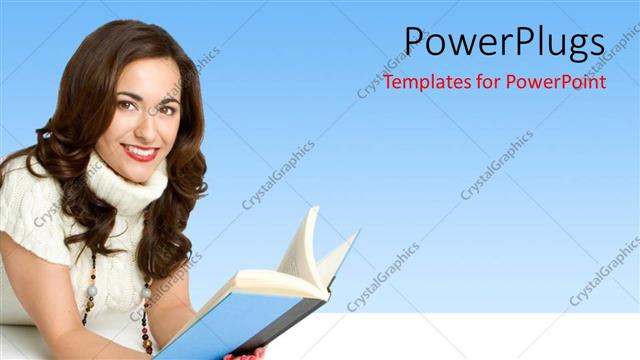  Presentation with student - A pretty yound lady holding a blue covered book