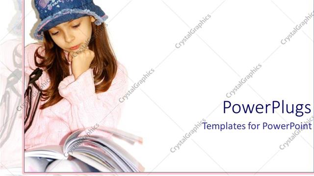  Presentation with study - Pretty young female reading a book with a blue hat