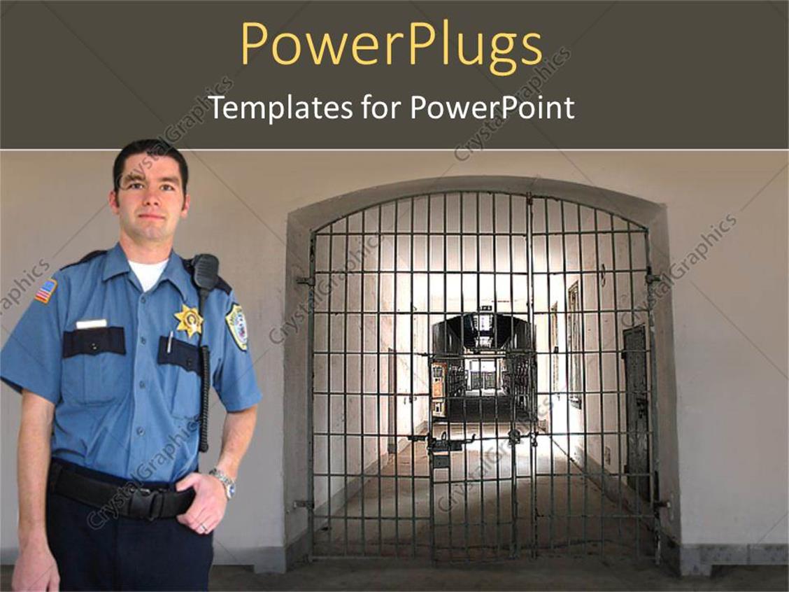 PowerPoint Template Prison guard in uniform poses in jail block (17748)