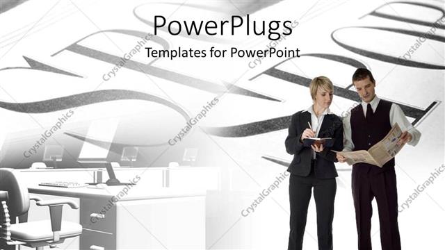  Presentation with newspaper - A professional male and female with words in the background