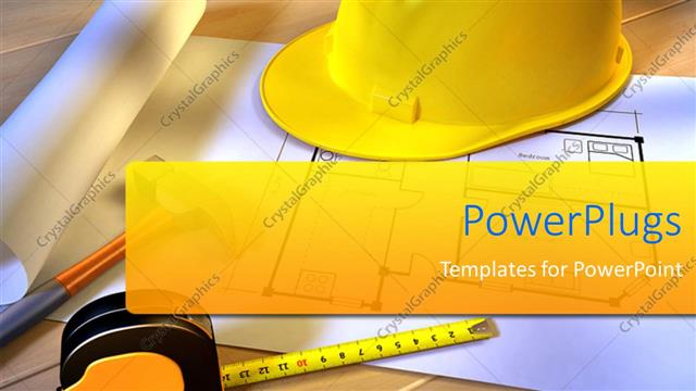  Presentation with project - Project for a new house with a hammer, a tape meter and a security helmet with wooden surface